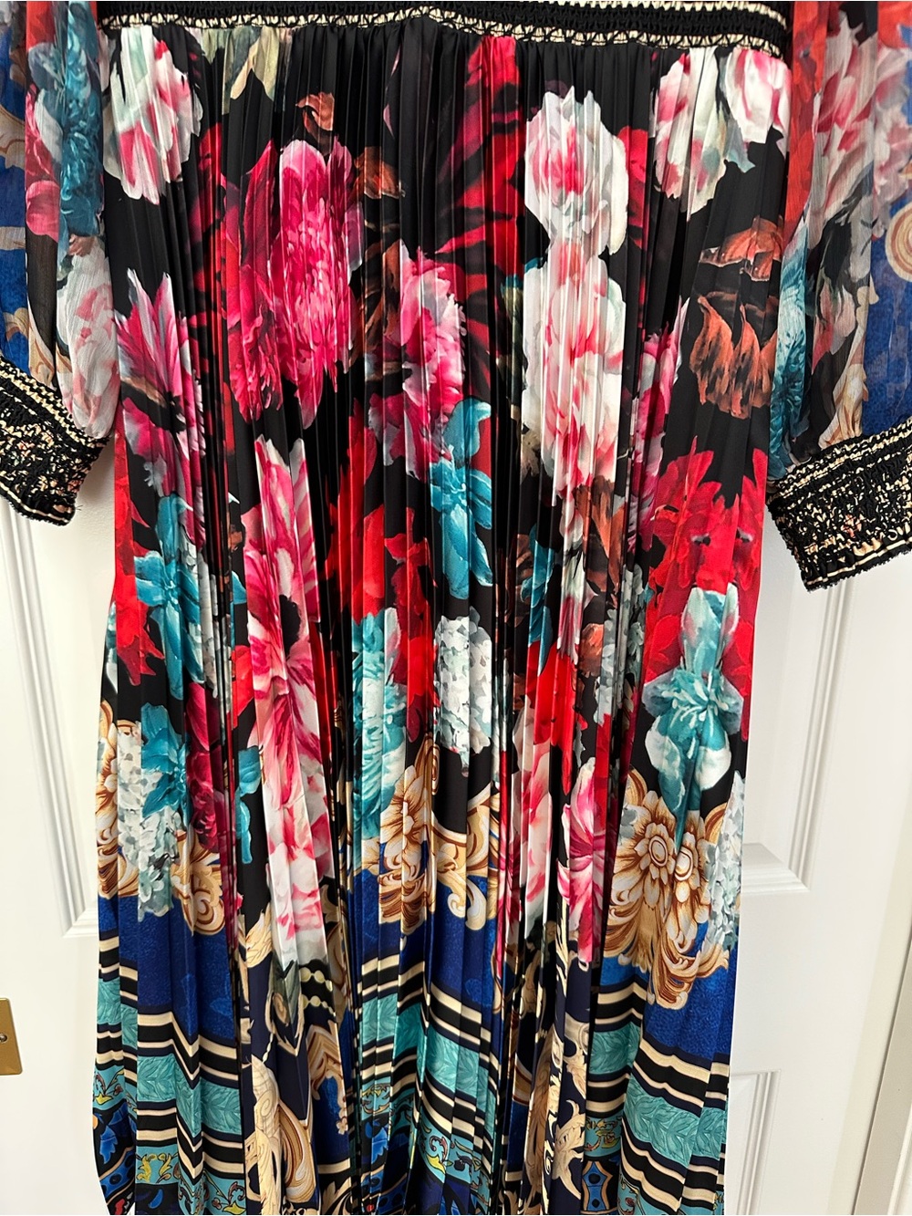 Alice + Olivia Multicolor Floral Pleated V-Neck Long Sleeve Midi Dress - Picture 7 of 9